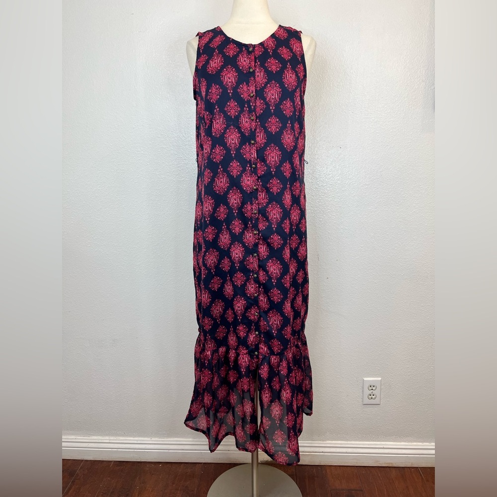 Lucky Brand Blue Burgundy Pink Printed Sleeveless Maxi Chiffon Dress Size M Boho